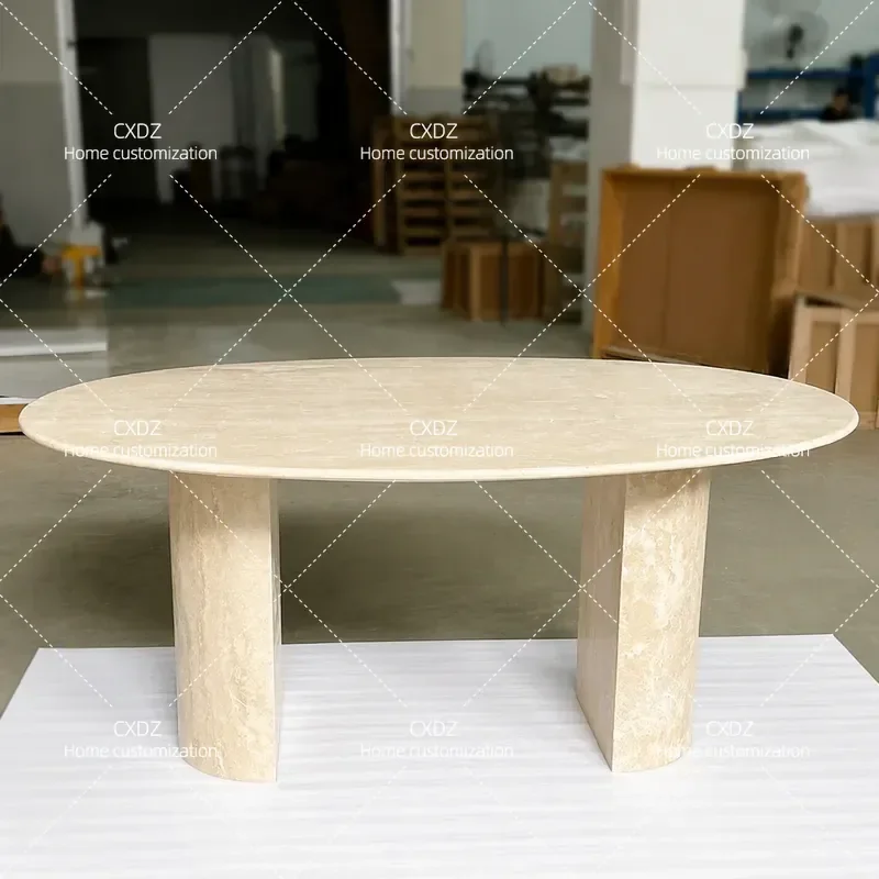 Modern simple travertine oval dining table model room villa high-end natural marble dining table