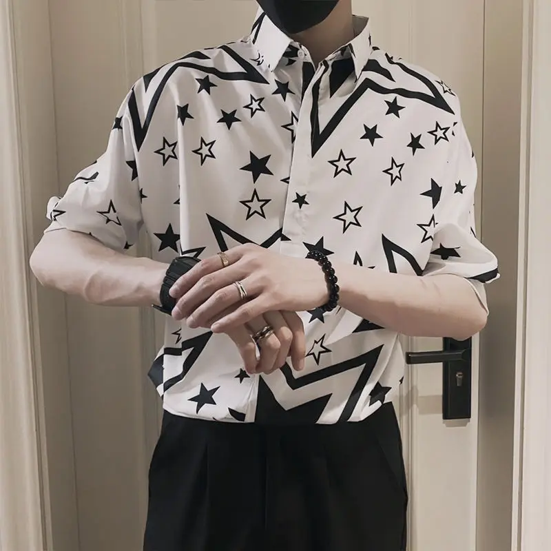 Elegant Fashion Harajuku Slim Fit Ropa Hombre Loose Casual All Match Shirt Pointed Collar Printed Button Middle Sleeve Blusa