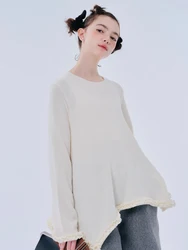 IMAKOKONI original design long sleeve round neck pullover solid color hem irregular top bottoming shirt women's clothing 244441