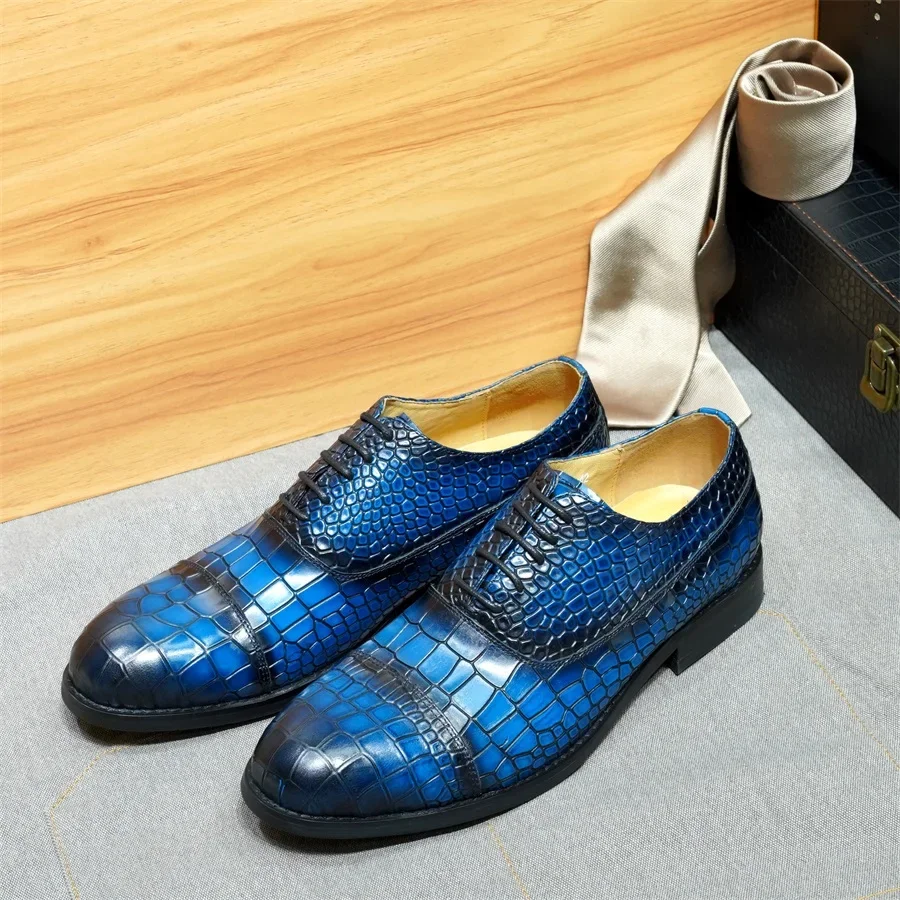 

Мужские оксфорды ручной работы из натуральной кожи с тиснением под крокодила, оксфорды на шнуровке, деловые свадебные туфли