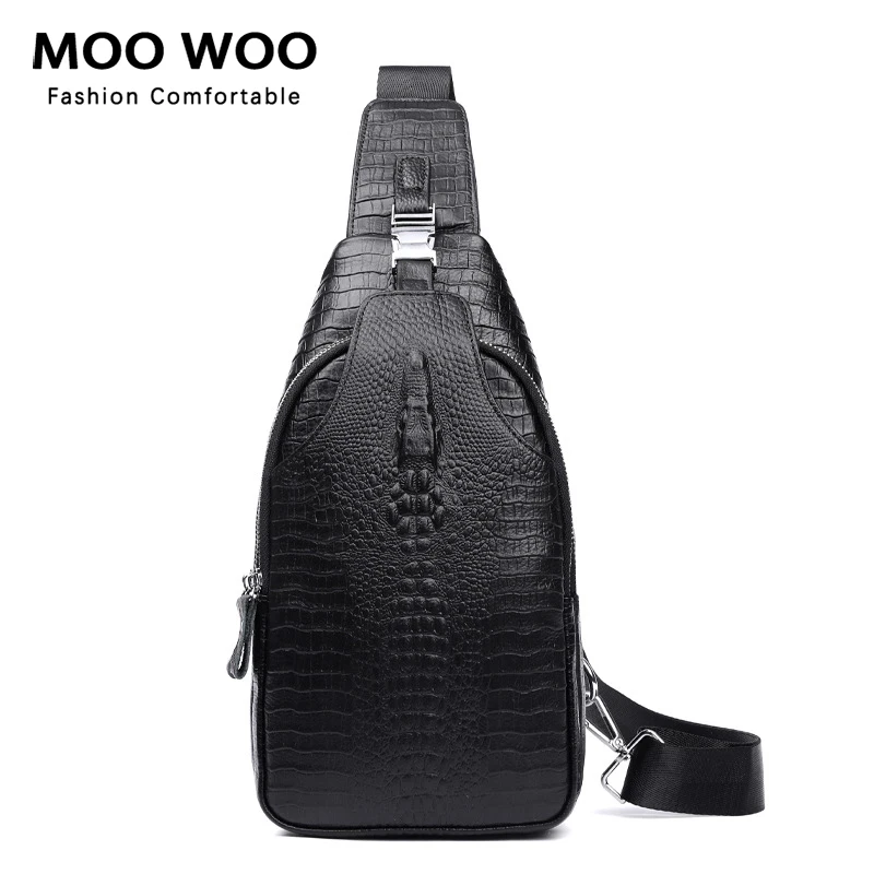 

MOOWOO Genuine Leather Chest Bag Alligator Messenger Bag USB Charging Crossbody Bag For Man Chest Pack Crocodile Sling Bags