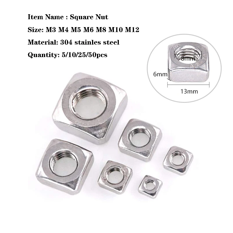 5pcs/10pcs/25pcs/50pcs  A2-70 Stainles Steel Square Nuts M3 M4 M5 M6 M8 M10 M12