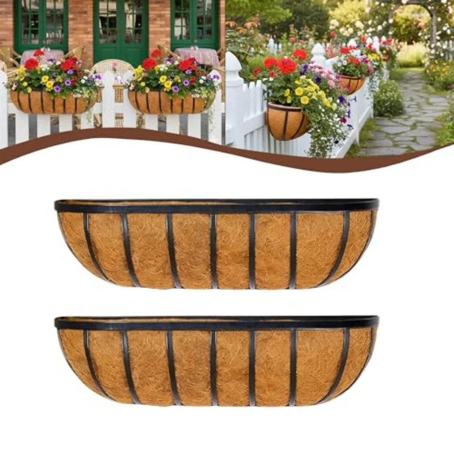 

Outdoor balcony railing planter boxes, galvanized steel, black, includes coco liner and mounting hardware