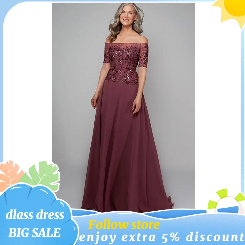 

Elegant A-line Mother of the Bride Dress Sexy Off The Shoulder Chiffon Illusion Sequin Applique Formal Wedding Evening Prom Gown