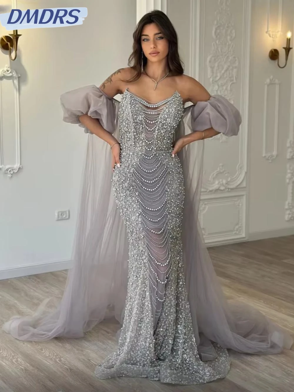 

Detachable Sleeve Mermaid Long Evening Dress Sequined Bead Prom Gown Luxury Strapless Cocktail Dresses Customized Robe De Mariée