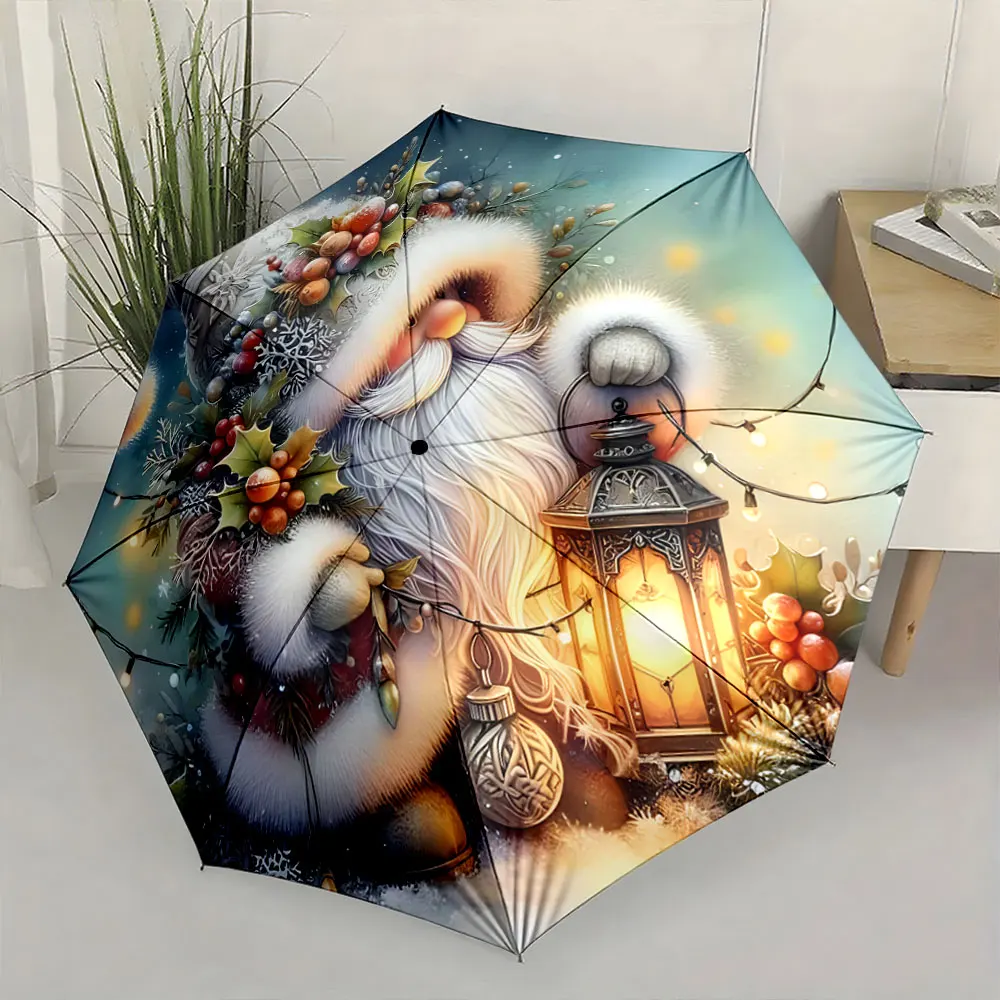 1PC Christmas-themed umbrella with Santa and bright lantern design Print 8Iron Ribs Folding Umbrella Auto-Open Fashion Sunshade