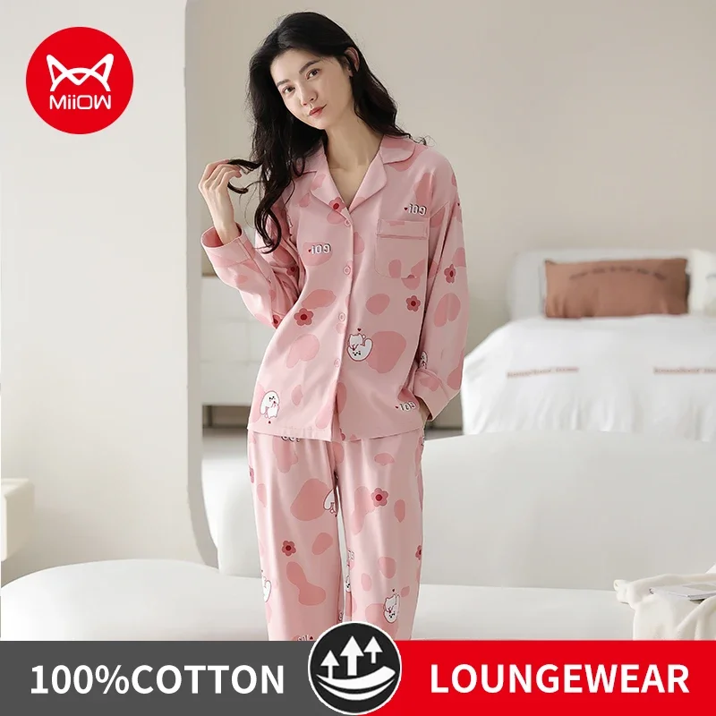 MiiOW Winter 100% Cotton Women\'s Pajamas Set Loose Turn-down Collar Long Sleeves Loungewear Cute Pink Girls Sleepwear Homewear