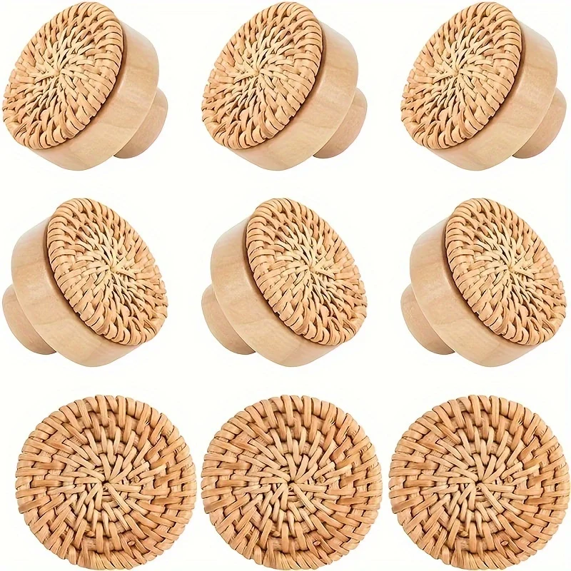 6 Pack Boho Rattan Dresser Knobs Durable Beech Wood Drawer Knobs Handmade Wicker Woven Pulls with 6 Screws