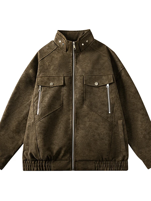 

Мужская повседневная куртка из искусственной кожи с воротником-стойкой, на молнии, свободного кроя, с длинными рукавами, для весны и осени