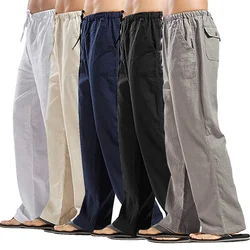 Summer Casual Pants Men's Breathable Loose Lightweight Straight Pants Multiple Pockets Solid Color Trousers Men Linen Sweatpants