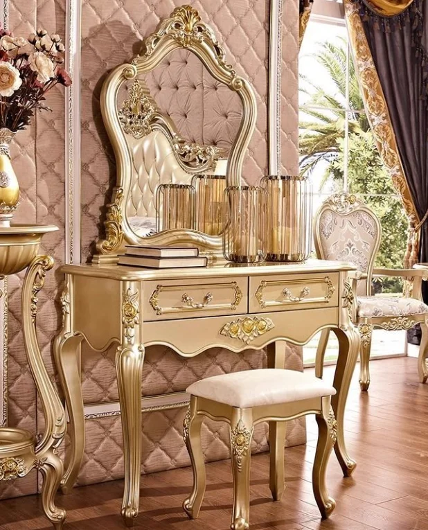 Modern Princess Dressing Table and Makeup Stool Champagne-colored Solid Wood Vanity Living Room Small Apartment