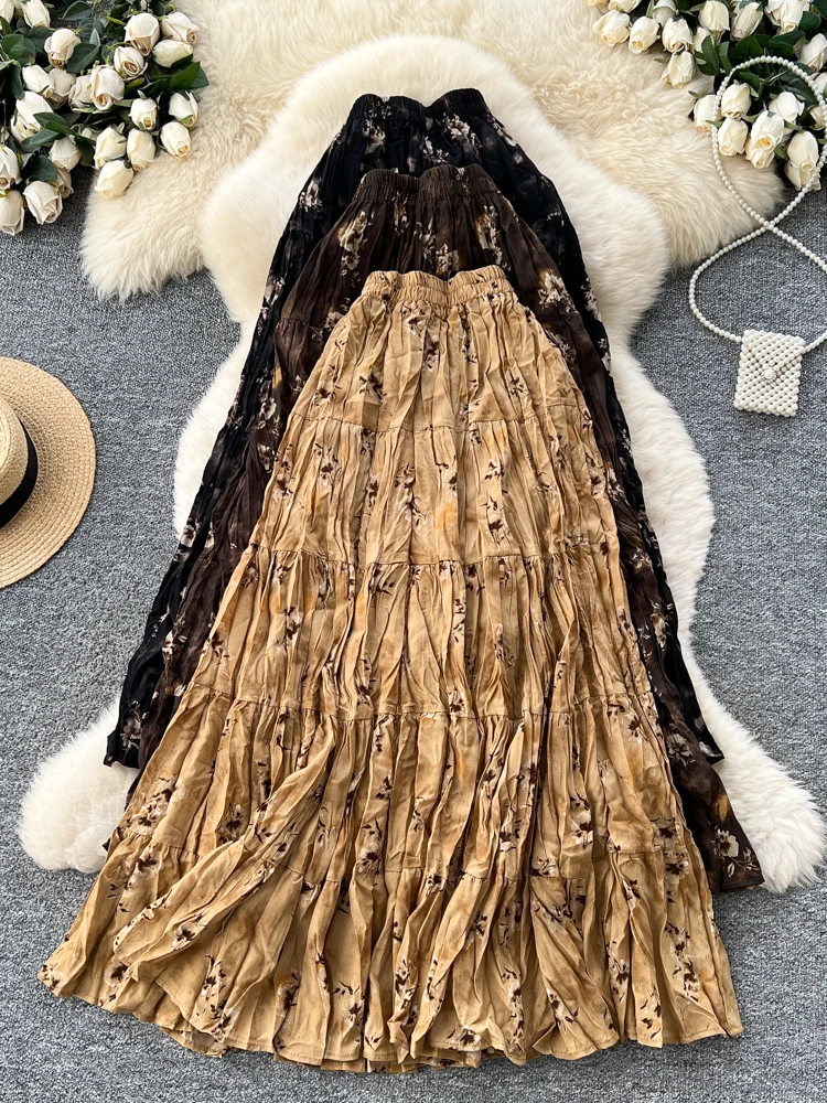 

Ретро-юбка миди с цветочным принтом, женская, с высокой талией, А-силуэт, на резинке, плиссированная, для офиса, в корейском стиле