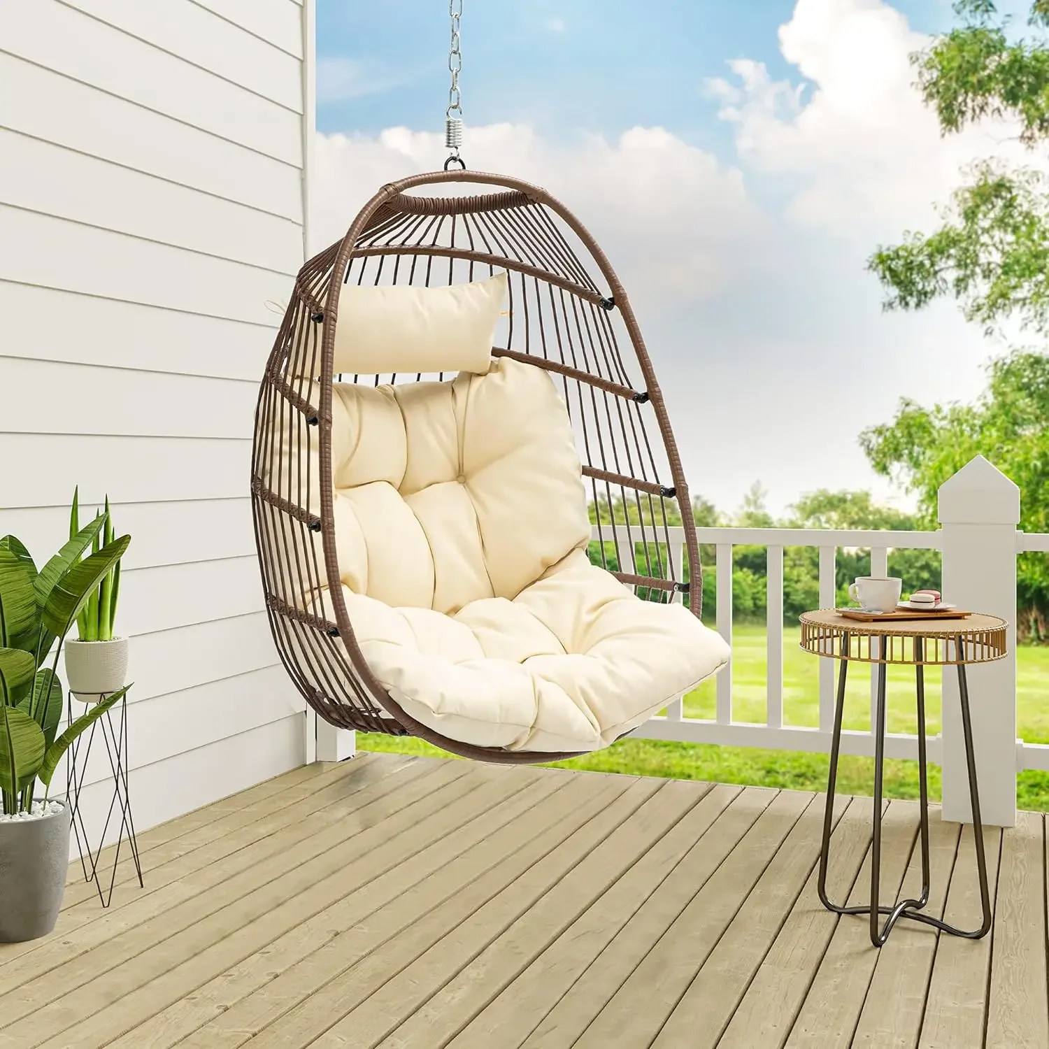 

Hanging Egg Swing Chair Outdoor Wicker Hammock Chairs Indoor with Steel Stand UV Resistant Cushion 350lbs for Patio, Bedroom