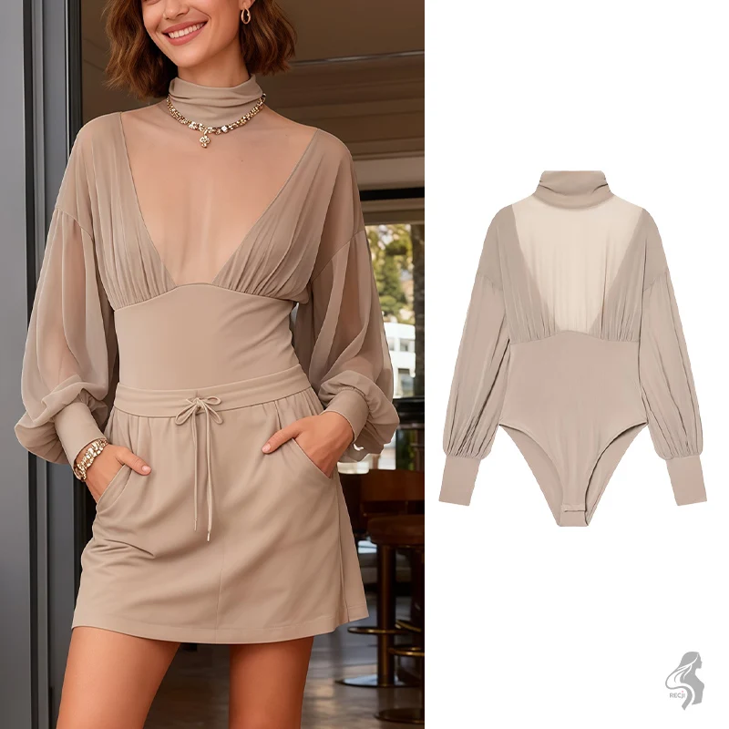

Women's Beige Turtleneck Mesh Panel Bodysuit, Lantern Sleeve Sheer Insert Leotard, Elegant Form-Fitting Top for Layering & Styli