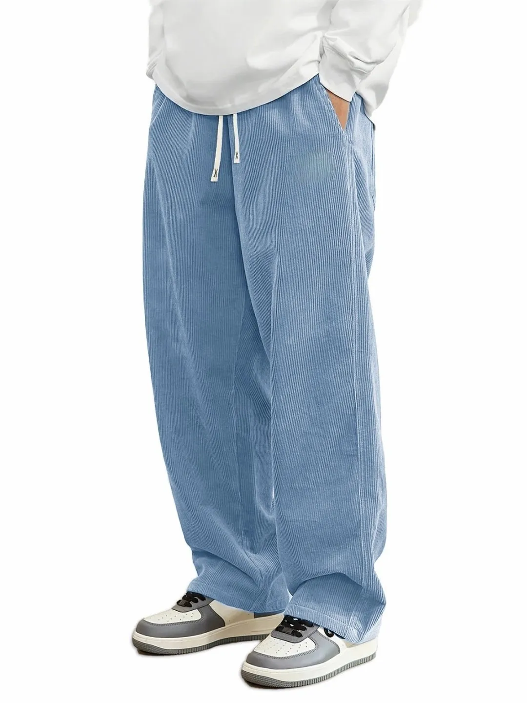 2026 Autumn Mens Corduroy Casual Pants Fashion Loose Fit Pants Straight Sweatpants Elastic Waist Drawstring Outdoor Streetwear
