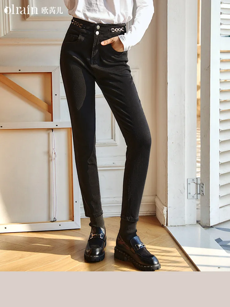 OLrain femmes noir jean moulant taille haute cheville longueur pantalon extensible décontracté coupe ajustée chaîne en métal dames pantalon O21DA56308