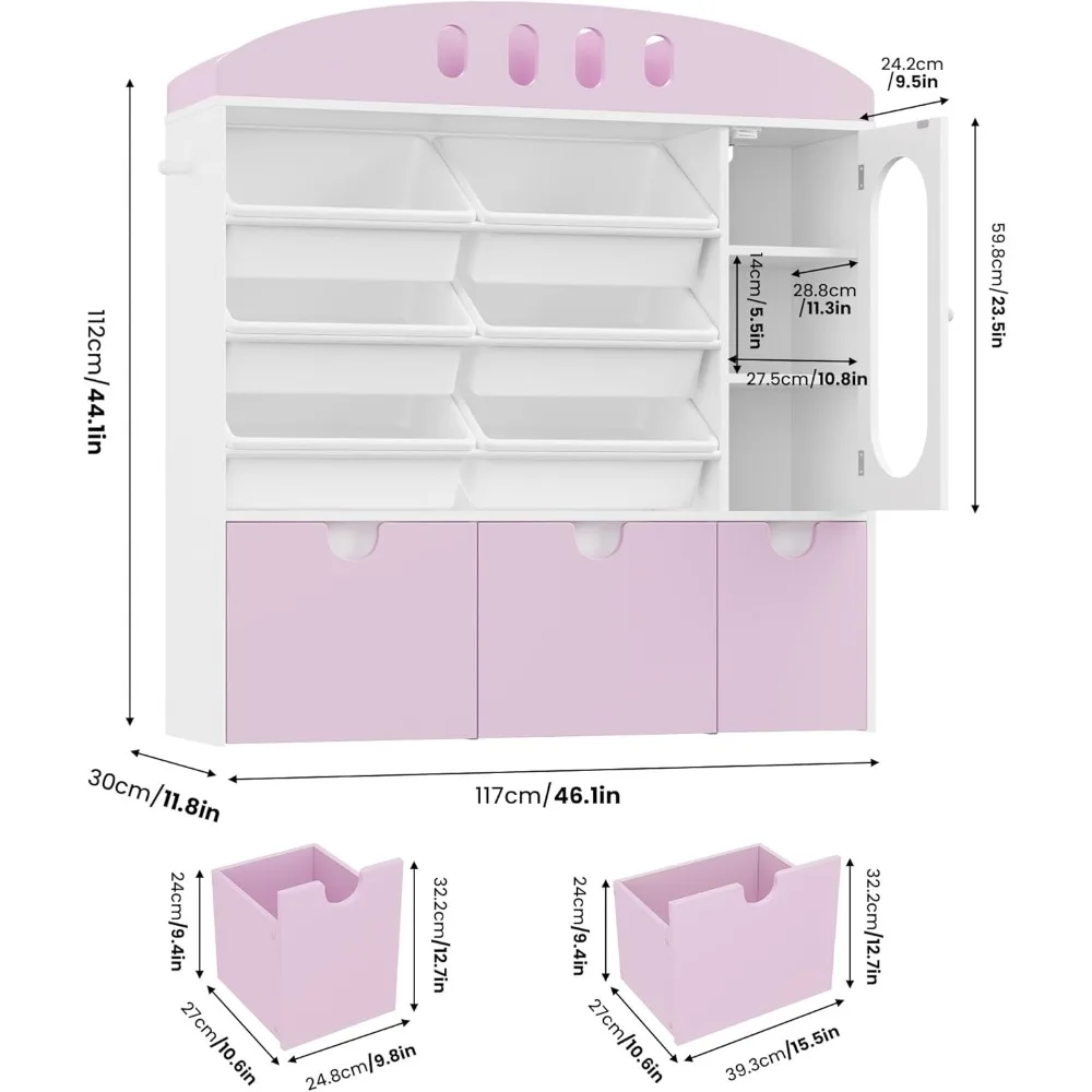 Toy Organizers and Storage with Door, Playroom Organization and Storage, Bookshelf with 3 Drawers and 6 Mobile Toy Bins