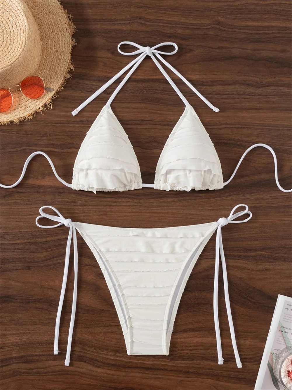 

Sexy Lace Fabric Bikini Micro String Swimsuit Push Up Halter Backless Women Elegant Ruffled Swimwear Vacation Beach Bathing Suit