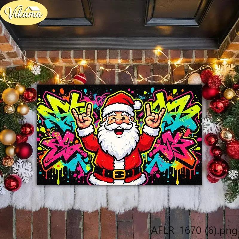 VIKAMA Graffiti Rock Santa Doormat Neon Colorful Street Art Merry Christmas Welcome Mat Entryway Rug Front Porch Decor