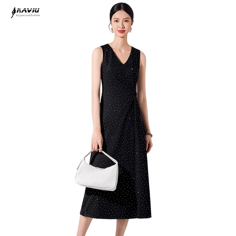 NAVIU Autumn Sleeveless Diamonds Long Dress Women 2024 New All Match Casual Commuting Slim V Neck Black Dresses