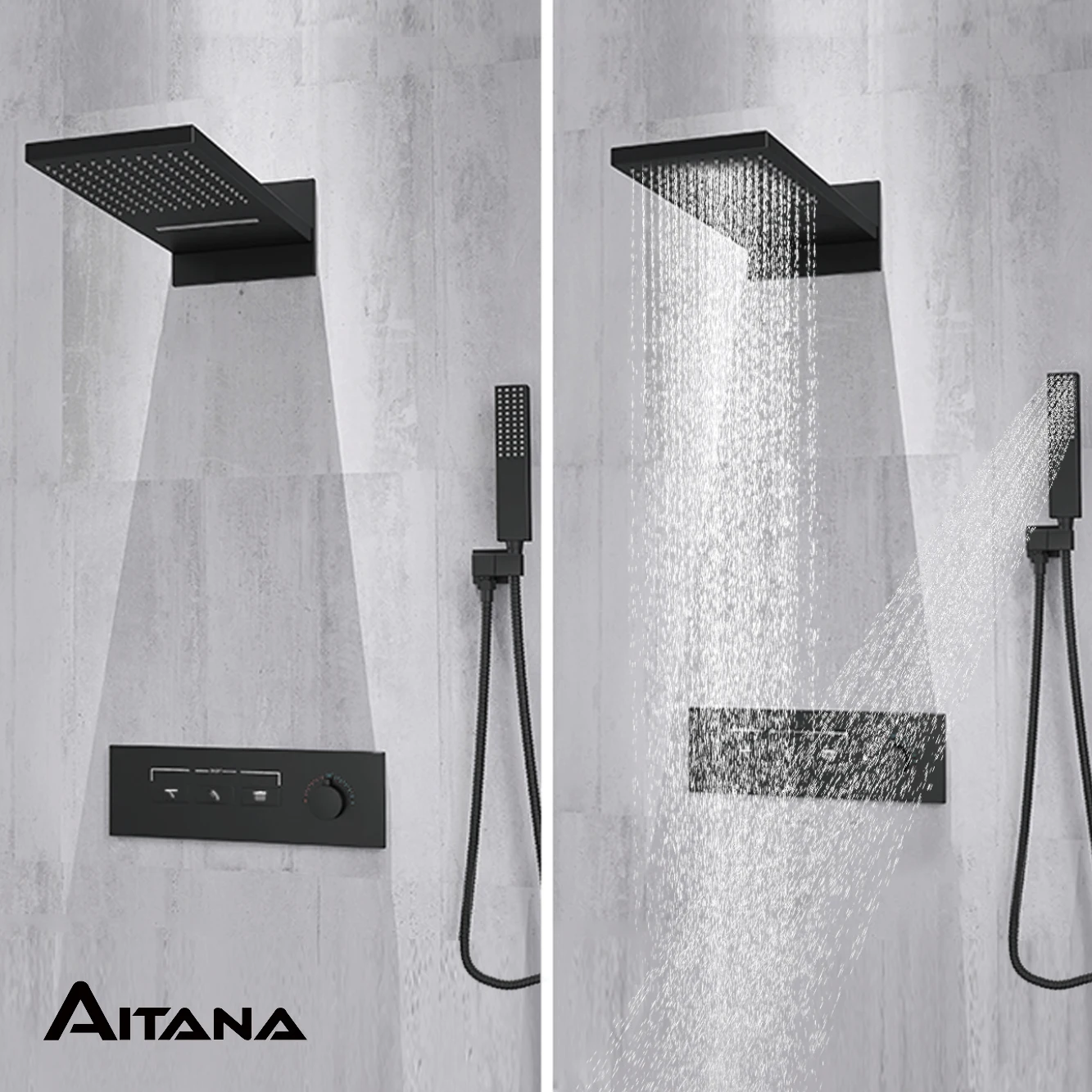 Imagem -02 - Torneira de Chuveiro de Latão Preto Simples High-end Interruptor de Chave de Design de Parede Cascata de Funções Sistema de Tomada de Água