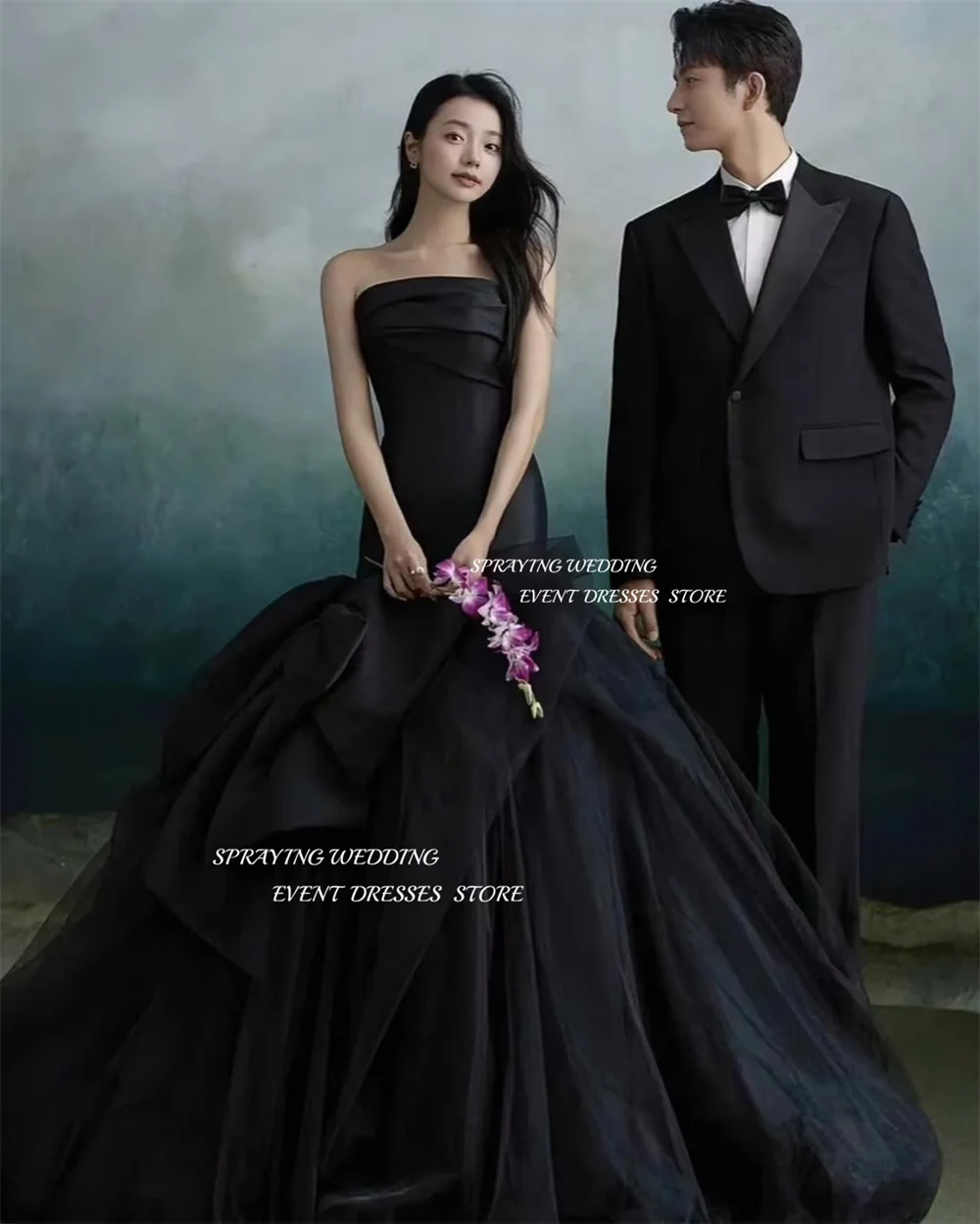 SPRAYING Luxury Black Satin Evening Dress Strapless Mermaid Korea Wedding Dress Photo Shoot Corset Bow Long Party Customized