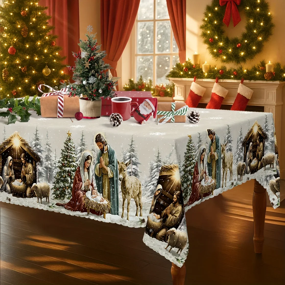 1 item, Christmas Happy Tablecloth, Christmas Nativity Scene Design - Christmas Tree, Donkey, Sheepzyc