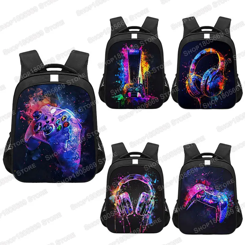 

14/16inch Watercolor Neon Video Game Print Backpack GamePad Headset Children School Bags Boys Gamer Teenager Travel Daypack Gift