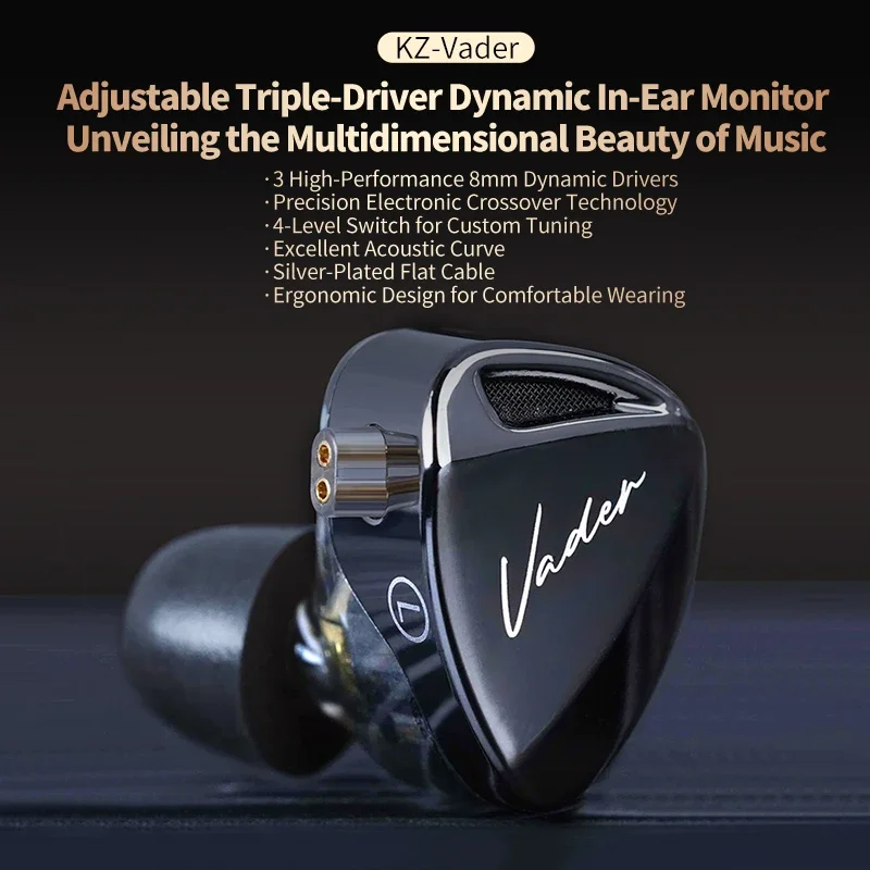 KZ Vader 3 HIFI Wired in Ear Earphones High-Performance 8mm Dynamic Drivers Monitor Headphone with 4-Level Tuning Switch