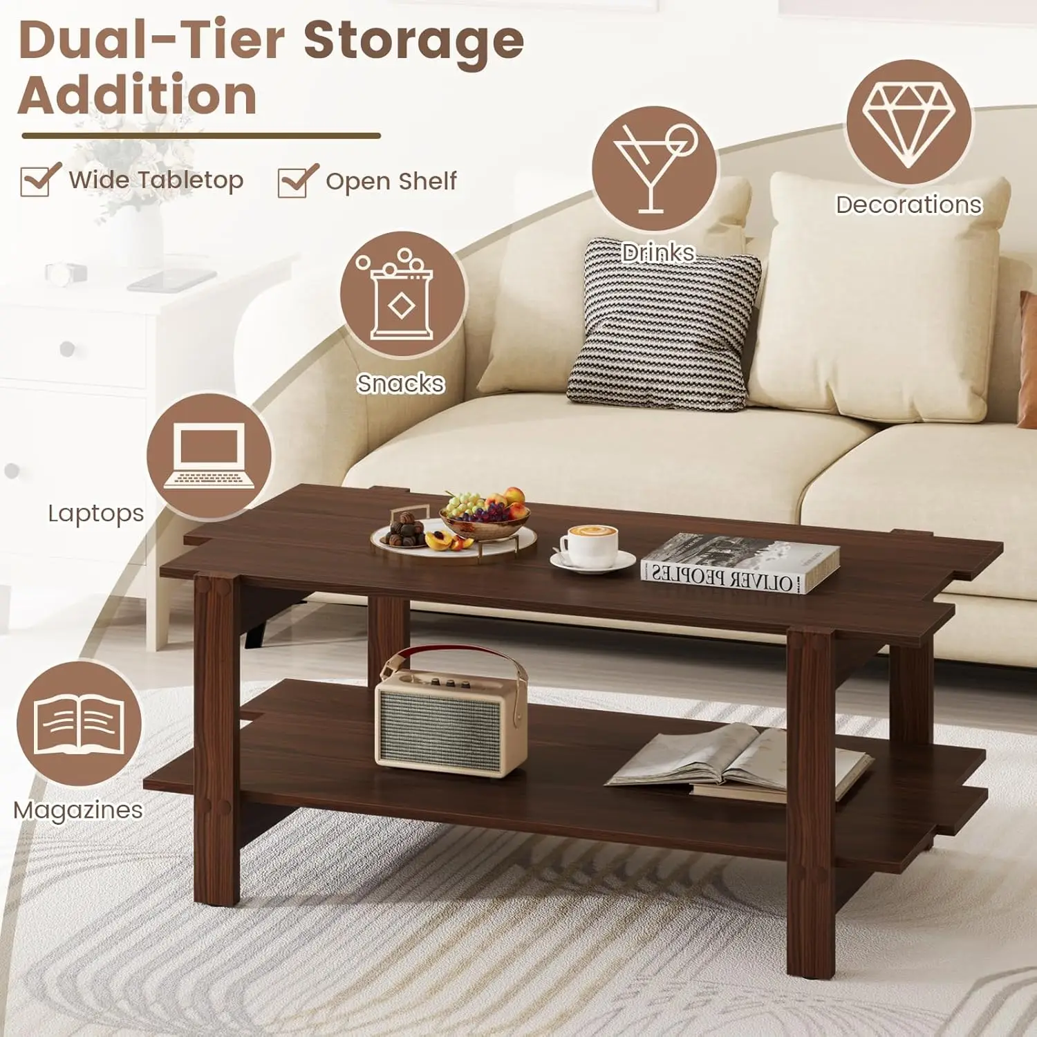 Mesa de centro com armazenamento, mesa central moderna de 45 polegadas com design de ripas e suporte de trilho lateral, mesa retangular para sala de estar