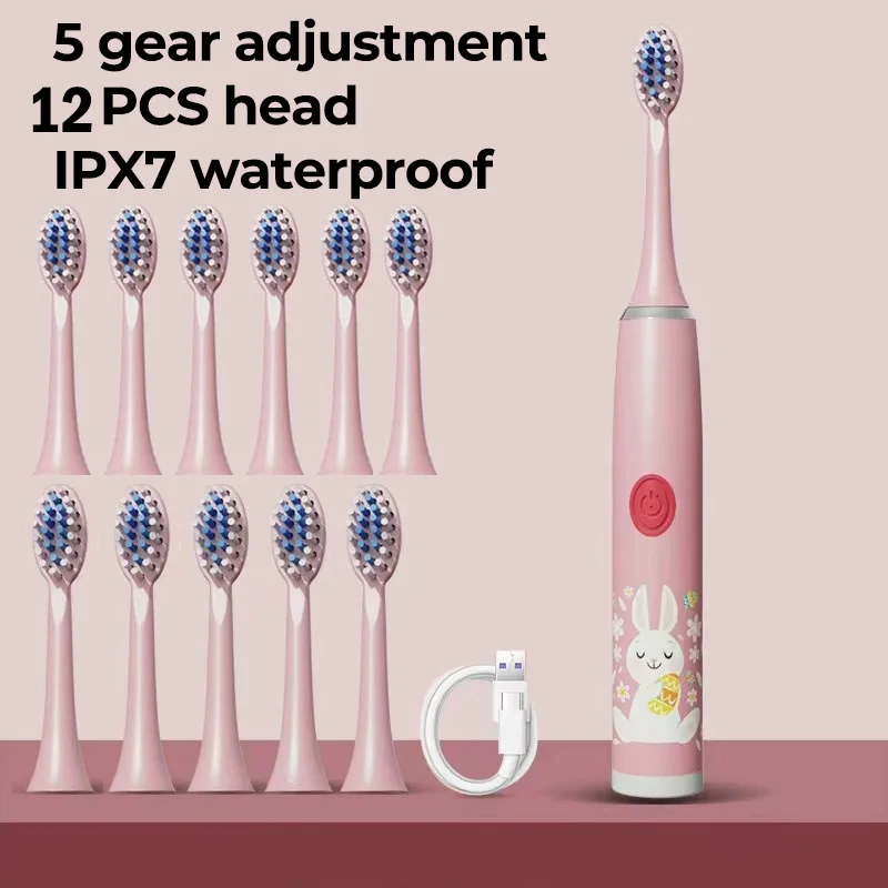 Sonic Electric Toothbrush For Children 12pcs Brush Heads Ultrasonic Rechargeable Timer Soft Hair  IPX7 Waterproof Cleaning Brush