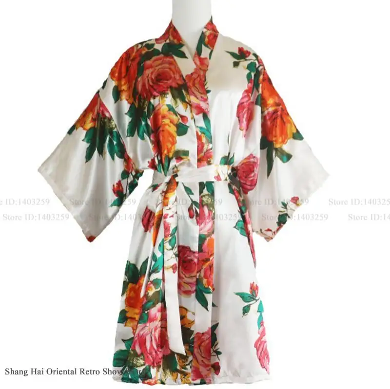 Stampa fiore femminile abito kimono abito primavera estate mezza manica accappatoio casa vestaglia sexy raso di seta indumenti da notte camicia da notte