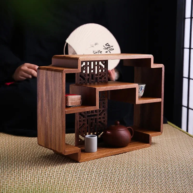 Solid Walnut Wood Tea Table Display Shelf Small Chinese Style Storage Rack for Teapot and Cups Home Decor Organizer Stand