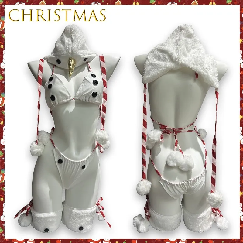 ‌ Lencería Sexy de muñeco de nieve, disfraz de Bikini de piel blanca, traje de Navidad, traje de Cosplay, ropa de dormir nocturna para juegos de rol, ropa para discoteca, uniforme de sirvienta