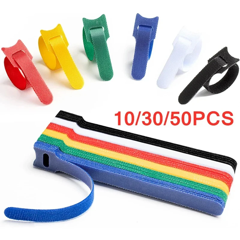 10/30/50PCS Releasable Cable Organizer Ties Nylon Strap Wire Management Adjustable Hook Loop Cable Mouse Earphones Keeper Holder