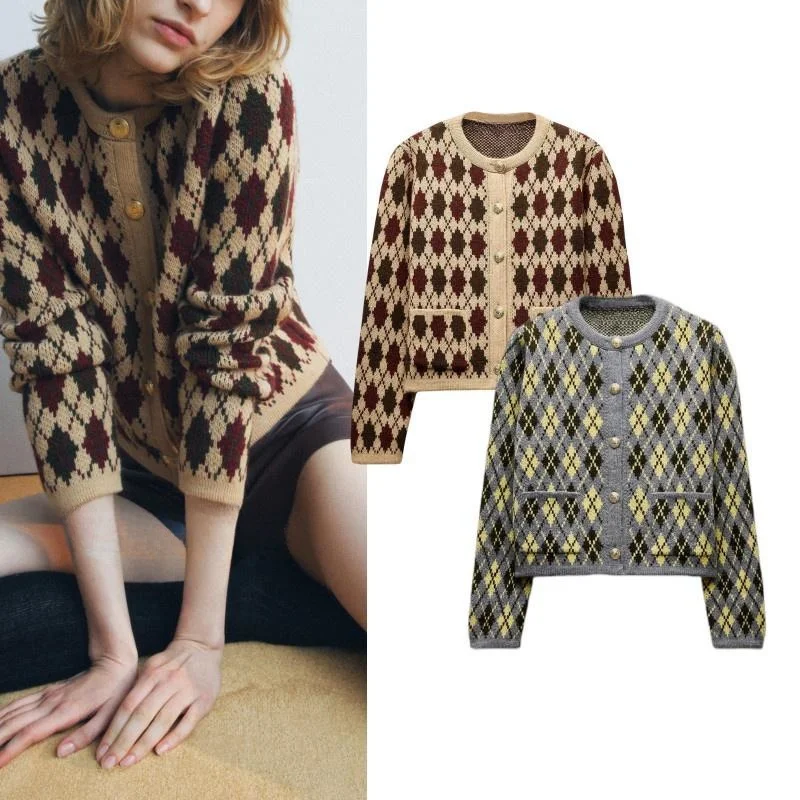

Women's Knitted Slim Fit Long Sve round Ne Sweater Coat Diamond Pattern Autumn Winter New Sle Sweet Sle Casual Faion