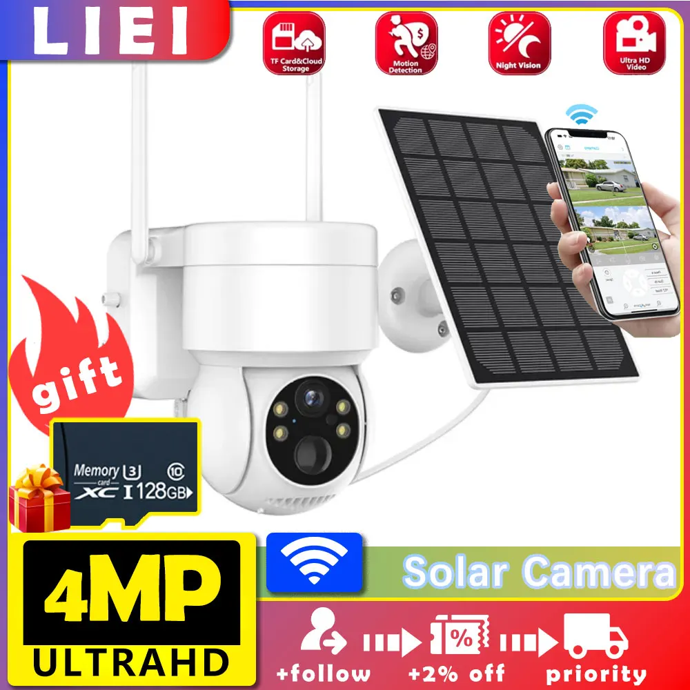 

LIEI 4MP Outdoor Wireless Built-in Battery Solar Camera PTZ HD WiFi Camera PIR Human Detection Video Surveillance Camera iCsee