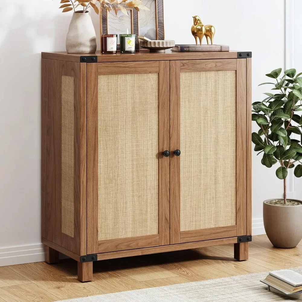 

31.5" Sideboard Buffet Cabinet with Storage, Rattan Style Credenza with 2 Soft-Close Doors & Adjustable Shelves, Accent Cabinet