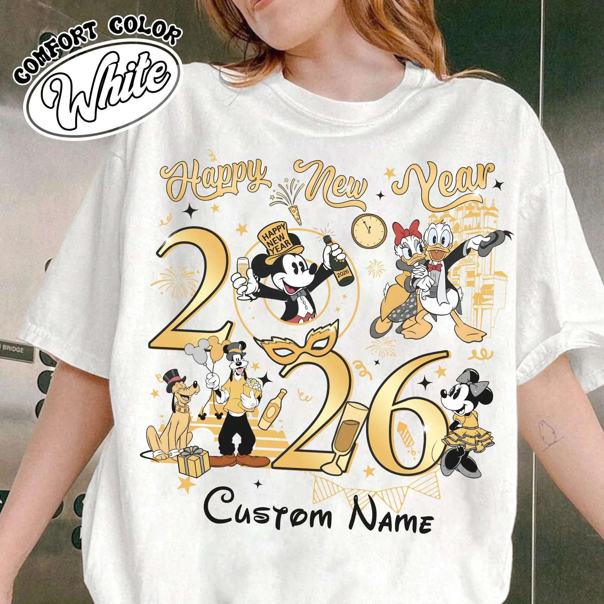 맞춤형 디즈니 미키와 친구들 새해 복 많이 받으세요 2026 티셔츠, 디즈니 가족 새해 복 많이 받으세요 2026 티셔츠, 첫 여행 2026