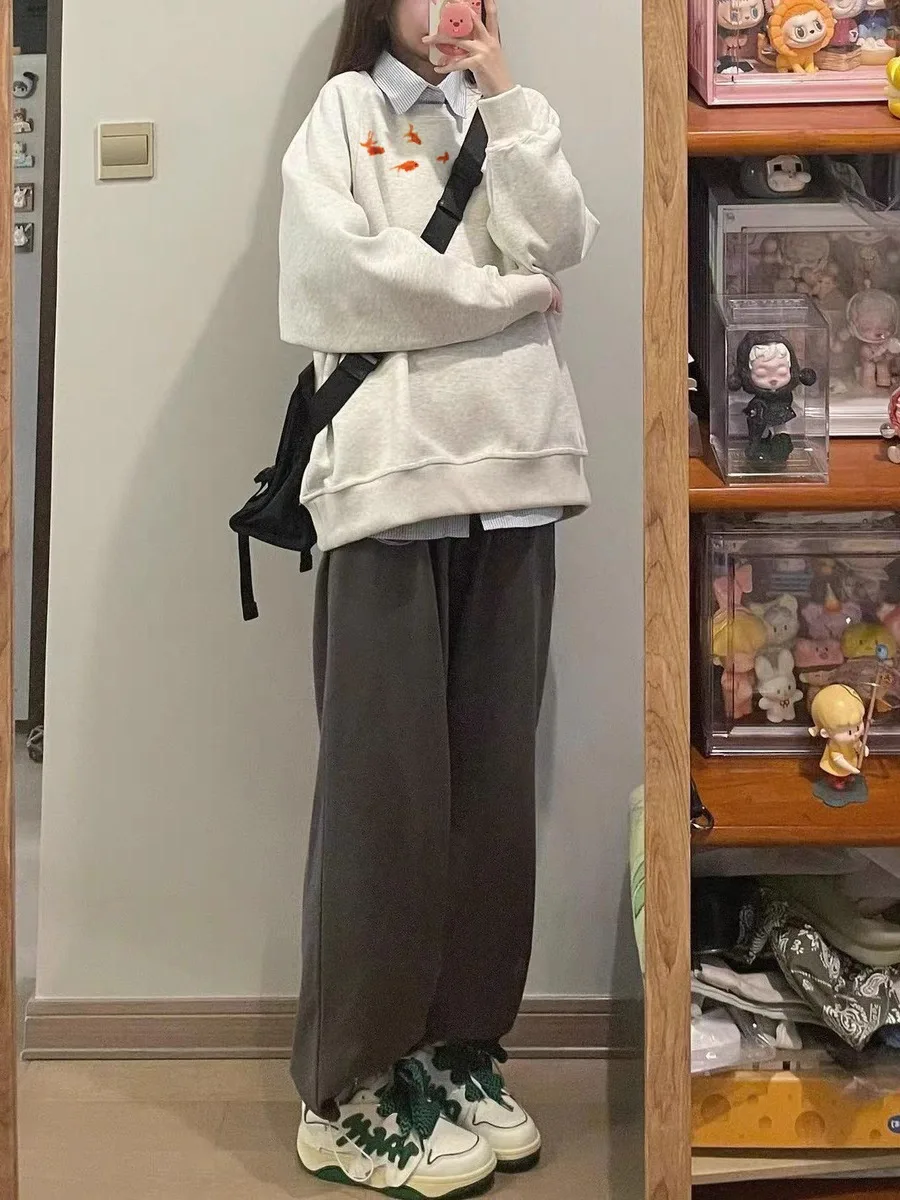 American Little Carp Print Sweatshirt Women Autumn 2025 New 100% Cotton Oversize O-Neck Hoodie Pullover Y2K Tops Ladies clothing