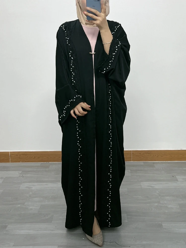 

Открытое кимоно Kabaya-Eid Abayas для женщин, рукав «летучая мышь» с бисером, молитвенный халат, исламский марокканский Саудовский кафтан, Одежда большого размера