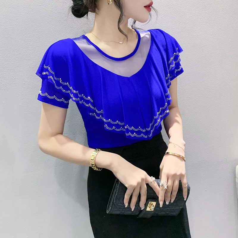 

2025,New Summer European Clothes T-Shirt Chic Patchwork Mesh Ruffles Shiny Diamonds Women Tops Sexy Back Short Sleeve Tees 34147