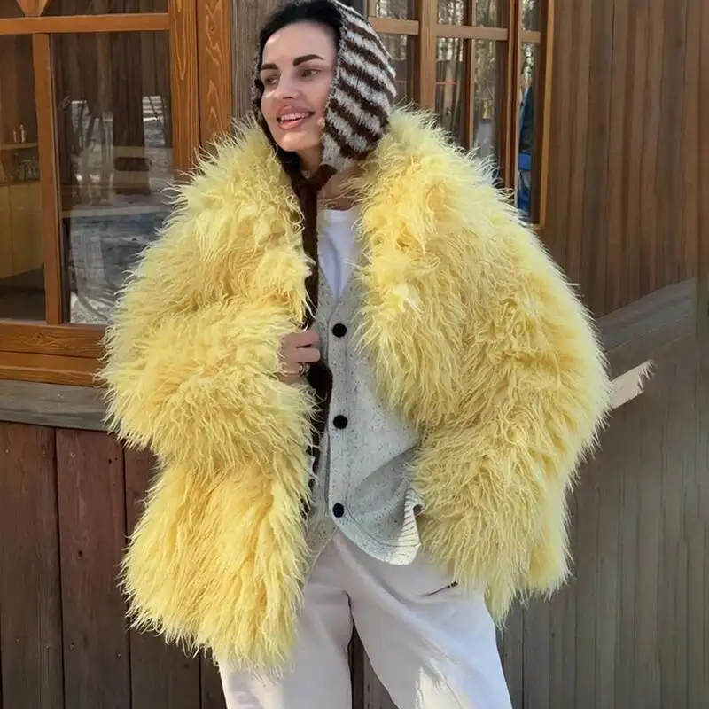 2026 Fashion Faux Fur Plush Women's Elegant Solid Lapel Long-Sleeved Warm Coat Winter New Birthday Party Outfits Female