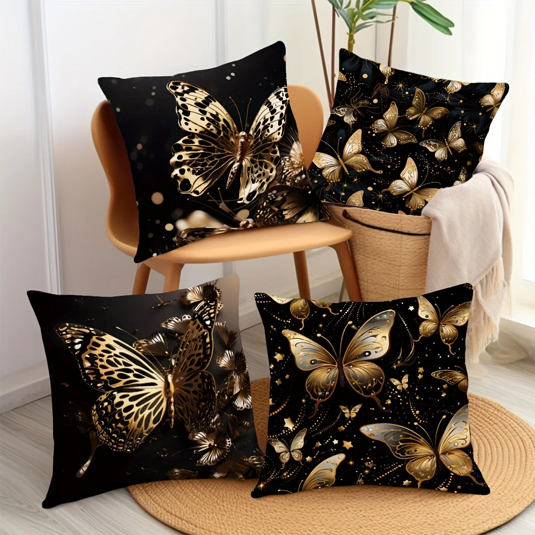 4pcs Gold Butterfly Pillow Covers – Soft & Comfortable Cushion Covers for Living Room & Bedroom Sofa