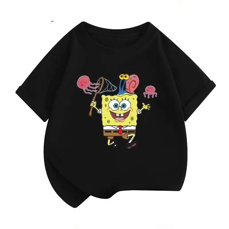 

Футболка из чистого хлопка с рисунком SpongeBob SquarePants, повседневный универсальный топ с короткими рукавами для мальчиков и девочек