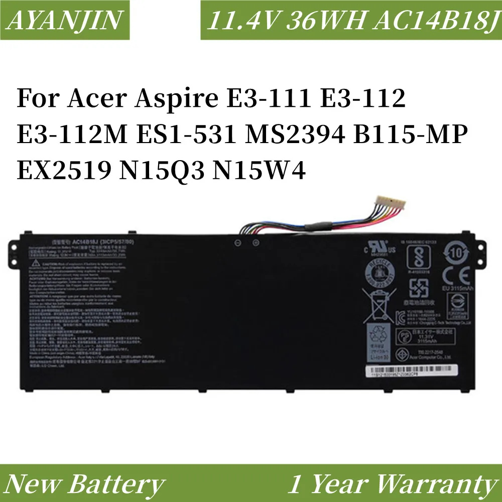 

AC14B18J AC14B13J Laptop Battery for Acer Aspire E3-111 E3-112 E3-112M ES1-531 MS2394 B115-MP EX2519 N15Q3 N15W4 11.4V 3320mAh