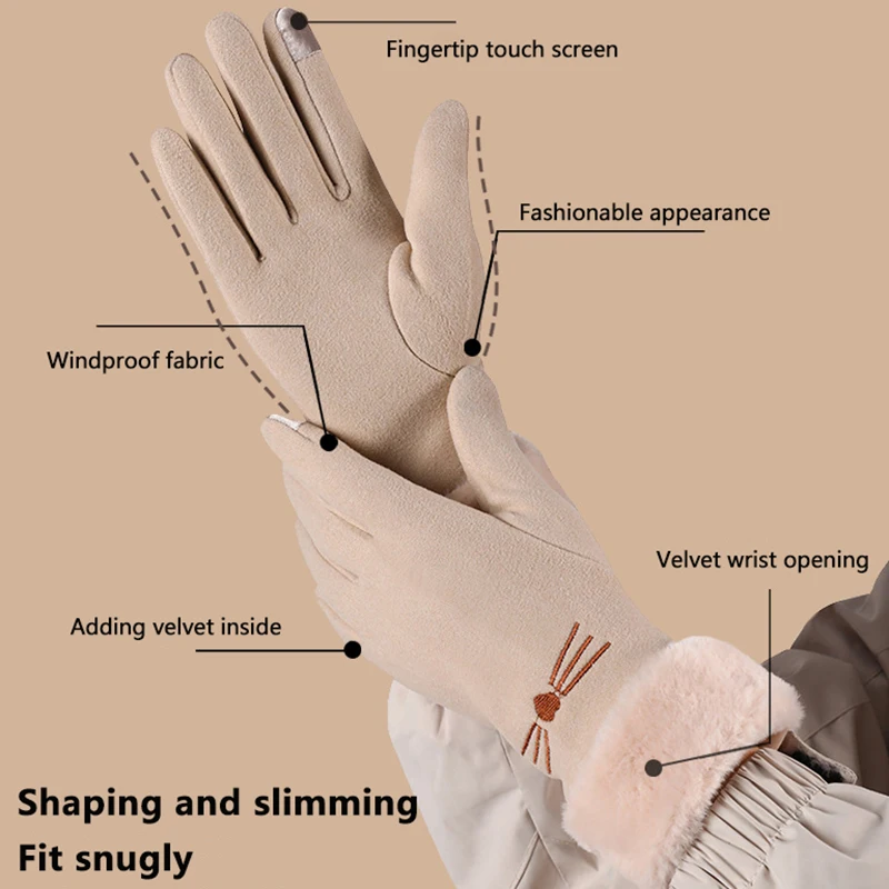 Guantes de gamuza cálidos para invierno, además de guantes con puños de decoración de felpa gruesa de terciopelo, guantes de esquí para montar con pantalla táctil a prueba de frío para exteriores, 1 par