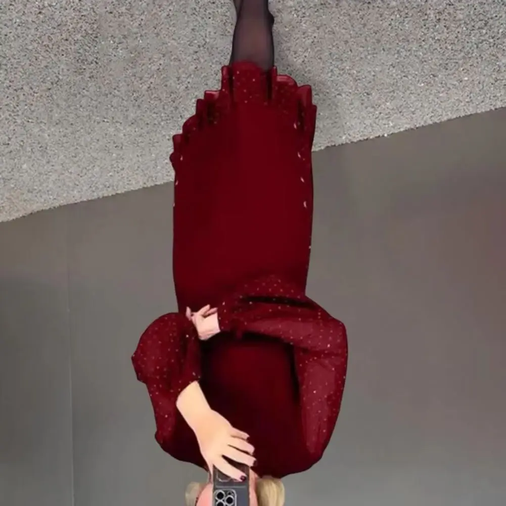 

Dot Balloon Sleeve Dress Mid-length Dress Women Midi Dress with Mesh Balloon Sleeves Dot Print Ruffle Hem Knee-length Loose