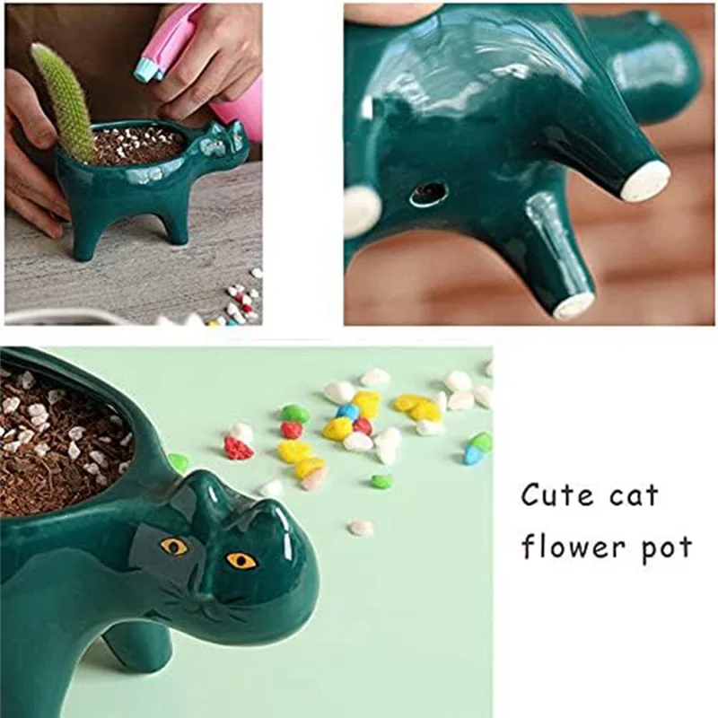 

ABMI-Succulent Plants Pots Of 2 Colors Cat,Decorative Flower Planter Pot With Drainage,For Home,