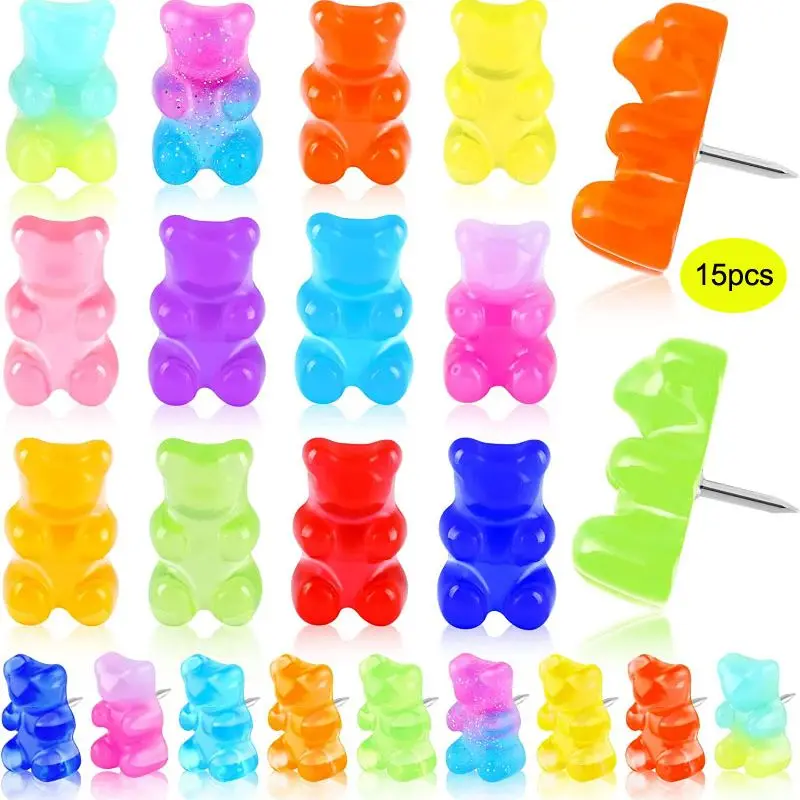 15Pcs Decorative Bears Push Pins Translucent Bears Thumb Tack for Cork Board Office Home Bulletin Board Hanging Posters Decor